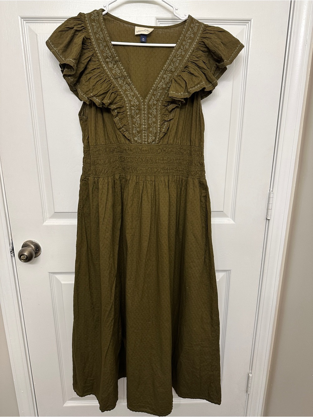 Olive Green Smocked Maxi Dress with Ruffle V-Neck